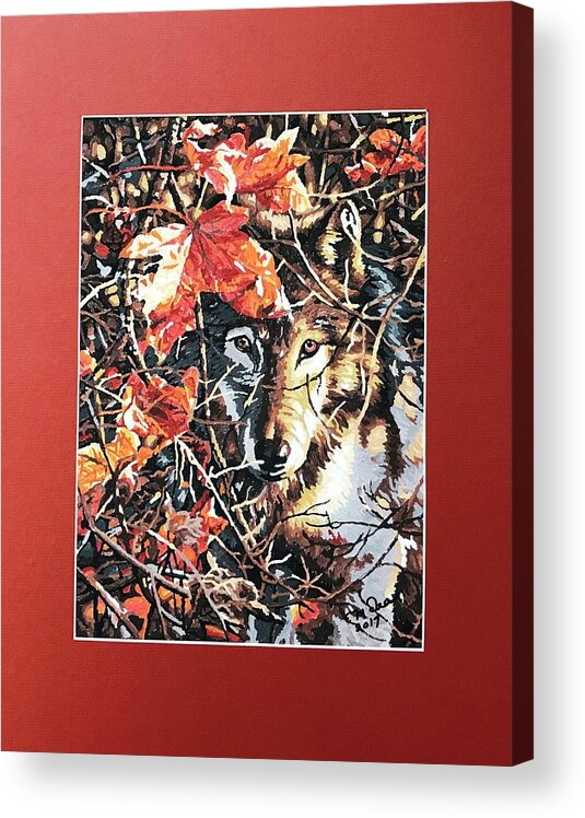 Wolf Acrylic Print featuring the painting Wolf Hiding in Branches by Evelyn Deen