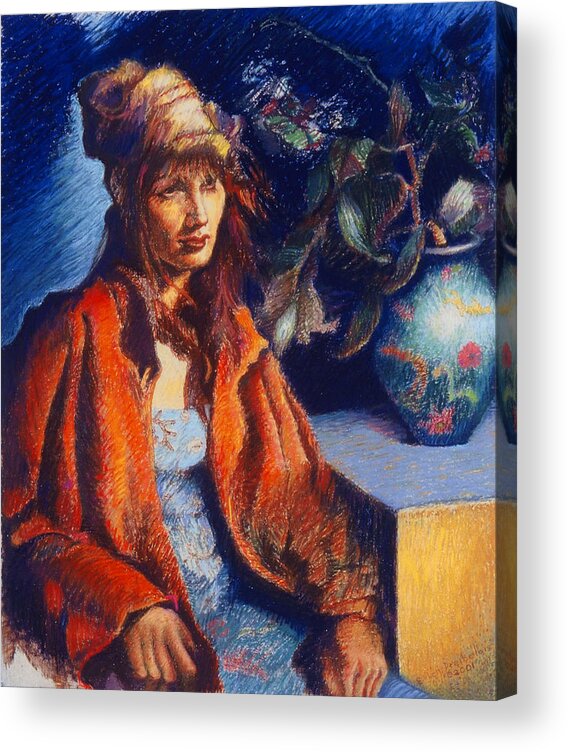 Woman Acrylic Print featuring the pastel Woman with a Chinese Vase by Ellen Dreibelbis
