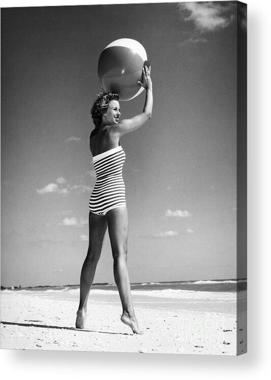 1960s Acrylic Print featuring the photograph Woman With Beach Ball, C.1960s by H Armstrong Roberts and ClassicStock