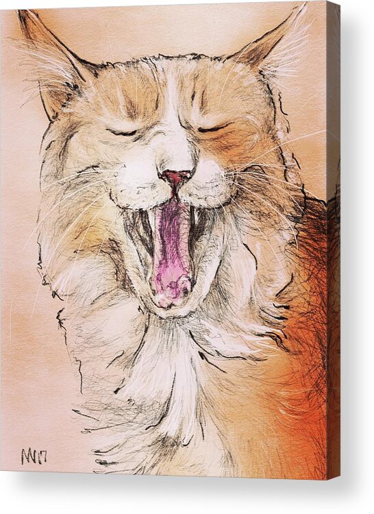 Cat Acrylic Print featuring the digital art Yawning Ginger Cat by AnneMarie Welsh