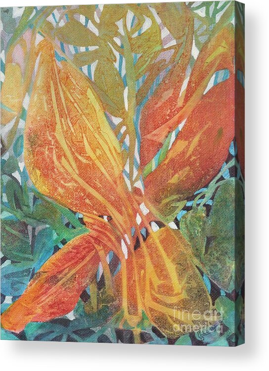Colorful Imaginary Yellow Butterfly In A Rainbow-colored Make Believe Tropical Garden. This Vibrant Abstract Butterfly Painting Is The Perfect Accent Piece To Brighten Your Room Or Attract Attention When Added To Any Grouping.  Acrylic Print featuring the painting Yellow Butterfly by Joan Clear