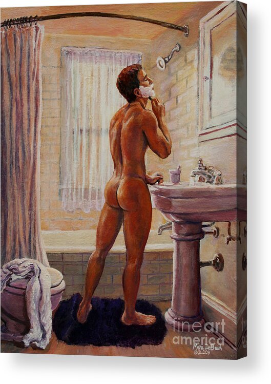 Bathroom Acrylic Print featuring the painting Young Man Shaving by Marc DeBauch