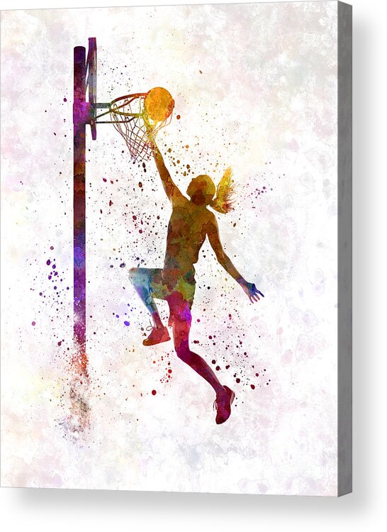 Young Woman Player In Watercolor Acrylic Print featuring the painting Young woman basketball player 04 in watercolor by Pablo Romero