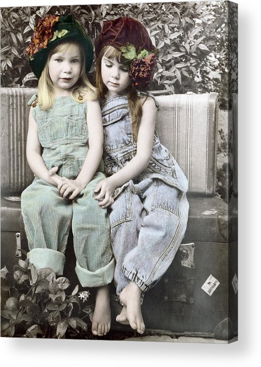Little Girls With Suitcases Behind Them Acrylic Print featuring the photograph 080 Fairwell Friends by Sharon Forbes