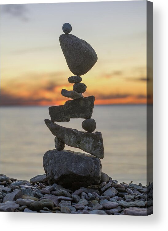 Meditation Zen Yoga Mindfulness Stones Nature Land Art Balancing Sweden Acrylic Print featuring the sculpture Balancing art #34 #1 by Pontus Jansson