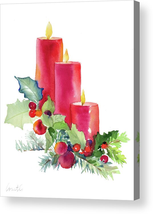 Candles Acrylic Print featuring the painting Candles With Holly #1 by Lanie Loreth