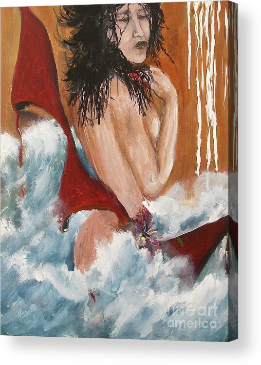 Acrylic On Canvas Painting Print Nude Woman Wave Ocean Water Naked Brassiere Bra Breast Seascape Abstract Red Black Hair Acrylic Print featuring the painting Nude #1 by Miroslaw Chelchowski