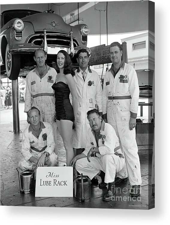 Vintage Acrylic Print featuring the photograph 1960s Miss Lube Rack With Fashion Model And Crew by Retrographs