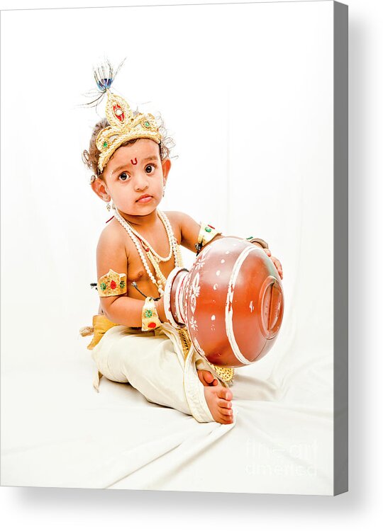 Indian Subcontinent Ethnicity Acrylic Print featuring the photograph Little Girl In Krishna Dress #5 by Shylendrahoode