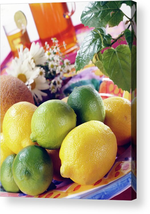 Close-up Acrylic Print featuring the photograph A Summer Table Setting With Lemons And by Steve Wisbauer