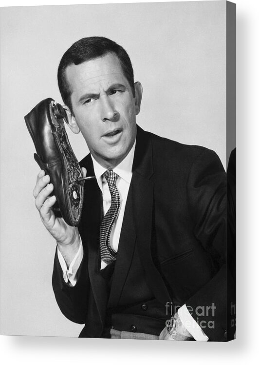 People Acrylic Print featuring the photograph Actor Don Adams With Shoe-phone by Bettmann