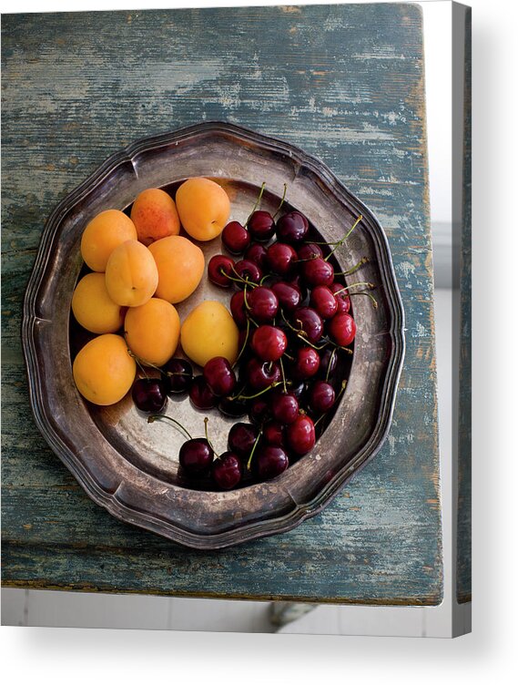 Tranquility Acrylic Print featuring the photograph Apricots And Cherries On Silver Tray by Bjurling, Hans