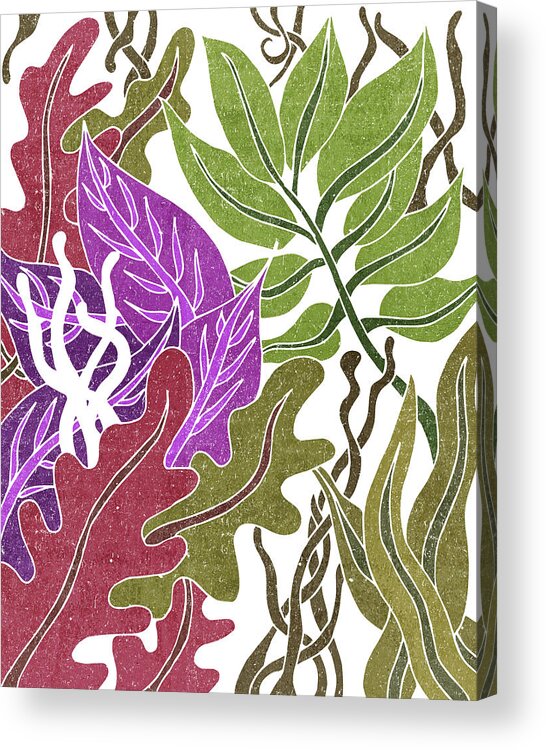 Leaf Acrylic Print featuring the mixed media Assortment of Leaves 3 - Exotic Boho Leaf Pattern - Colorful, Modern, Tropical Art - Olive, Violet by Studio Grafiikka