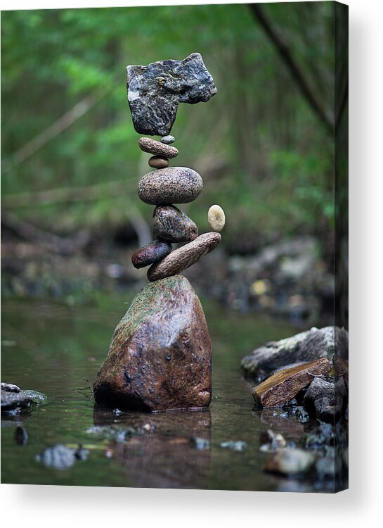 Meditation Zen Yoga Mindfulness Stones Nature Land Art Balancing Sweden Acrylic Print featuring the sculpture Balancing art #18 by Pontus Jansson