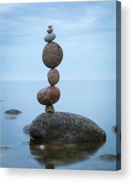 Meditation Zen Yoga Mindfulness Stones Nature Land Art Balancing Sweden Acrylic Print featuring the sculpture Balancing art #48 by Pontus Jansson