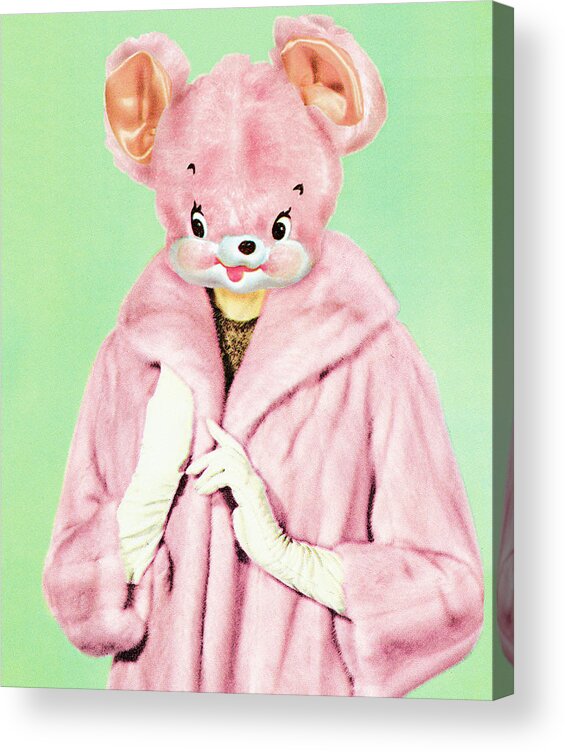 Accessories Acrylic Print featuring the drawing Bear Wearing Pink Fur Jacket by CSA Images