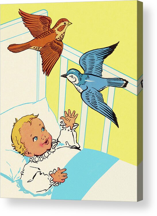 Animal Acrylic Print featuring the drawing Birds Flying Over Baby's Crib by CSA Images