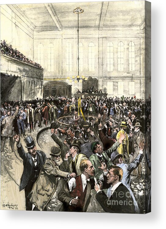 Black Acrylic Print featuring the mixed media Black Friday At The New York Stock Exchange On September 24, 1869 Quarme Caused By The Financial Crisis Colouring Engraving Of The 19th Century by American School
