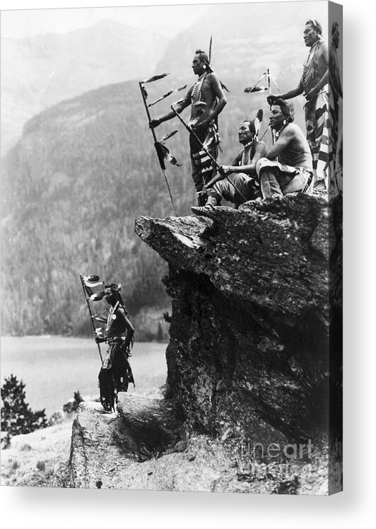 People Acrylic Print featuring the photograph Blackfeet Warriors Standing On Rock by Bettmann