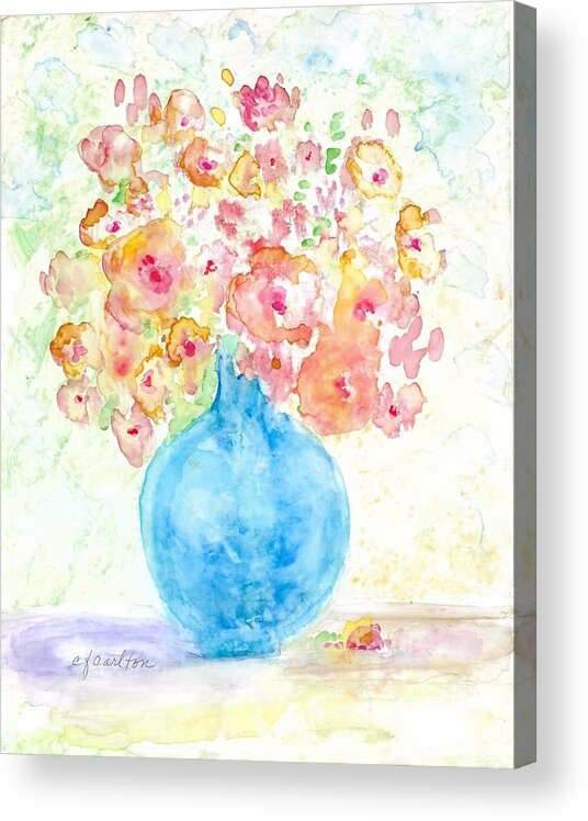 Blue Acrylic Print featuring the painting Blue Vase with Flowers by Claudette Carlton