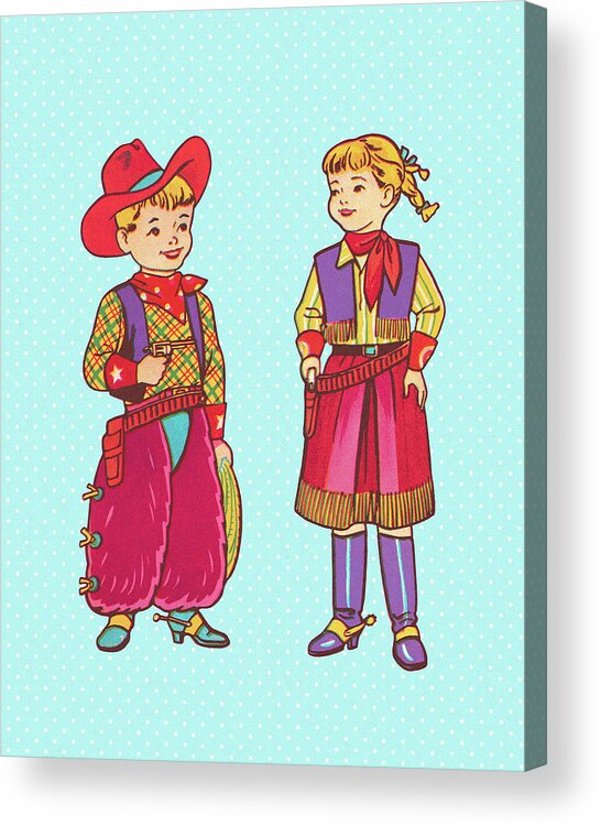 Accessories Acrylic Print featuring the drawing Boy and Girl in Western Wear by CSA Images