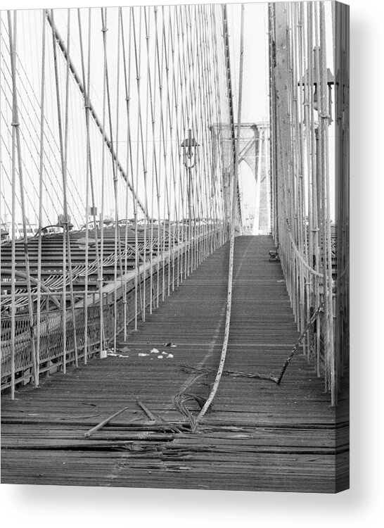 1980-1989 Acrylic Print featuring the photograph Cable Hangs Through Smashed Walkway On by New York Daily News Archive