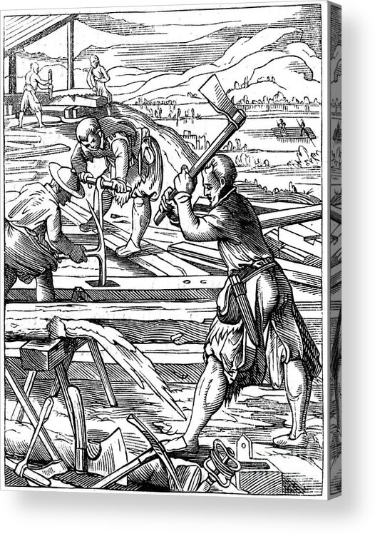 Working Acrylic Print featuring the drawing Carpenters, 16th Century 1849. Artist by Print Collector