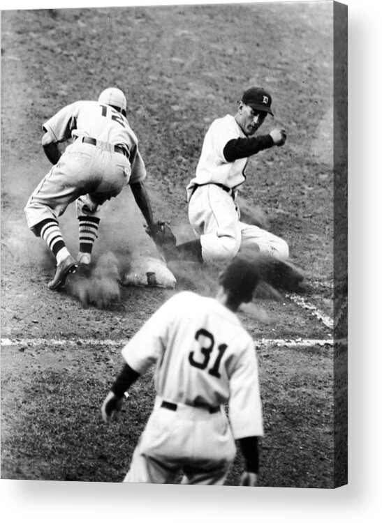 St. Louis Cardinals Acrylic Print featuring the photograph Charlie Gehringer Slides Into First Base by Fpg