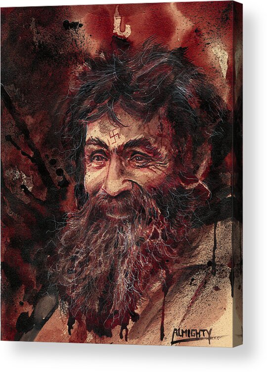 Ryan Almighty Acrylic Print featuring the painting CHARLES MANSON portrait dry blood by Ryan Almighty