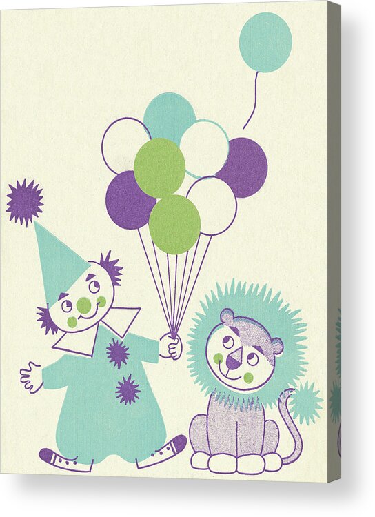 Animal Acrylic Print featuring the drawing Clown With Balloons and Lion by CSA Images
