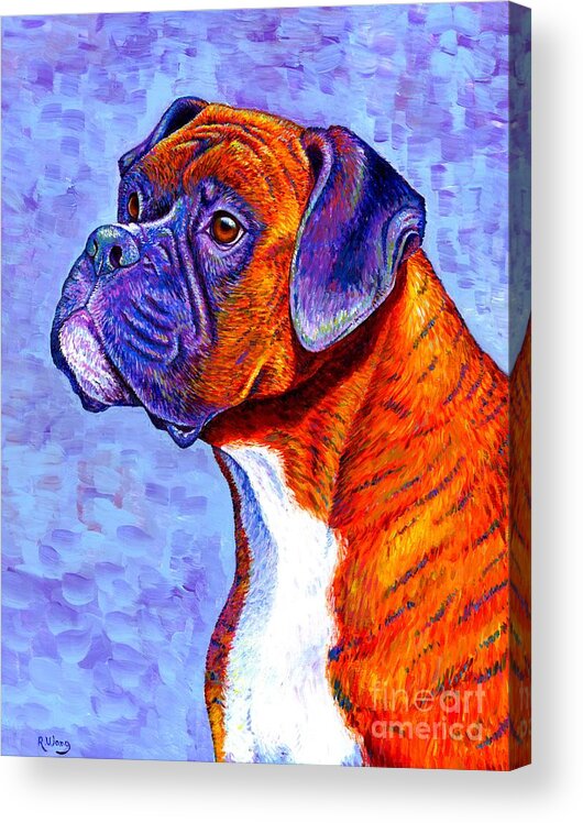 Boxer Acrylic Print featuring the painting Devoted Guardian - Colorful Brindle Boxer Dog by Rebecca Wang