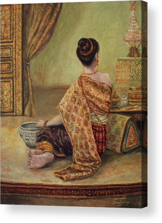 Royal Lady Acrylic Print featuring the painting Contemplating in the Palace Chamber by Sompaseuth Chounlamany