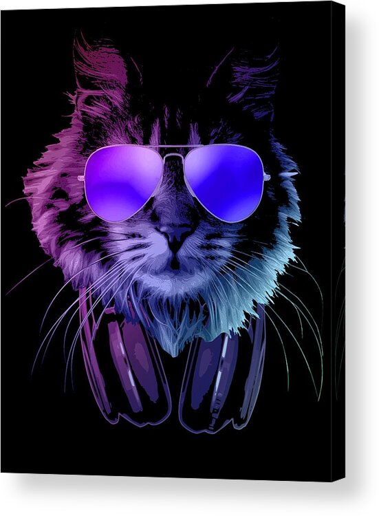 Cat Acrylic Print featuring the digital art Cool DJ Furry Cat In Neon Lights by Filip Schpindel
