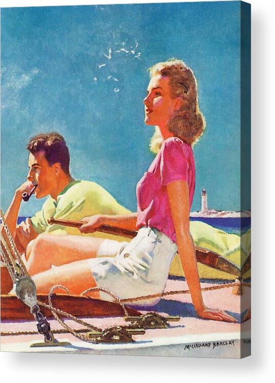 Couple Acrylic Print featuring the drawing Couple On Sailboat by Mcclelland Barclay