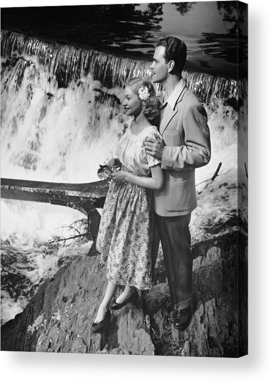 Heterosexual Couple Acrylic Print featuring the photograph Couple Standing Near Waterfall by George Marks