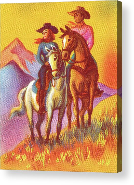 Accessories Acrylic Print featuring the drawing Cowboy and Cowgirl Riding Horses by CSA Images