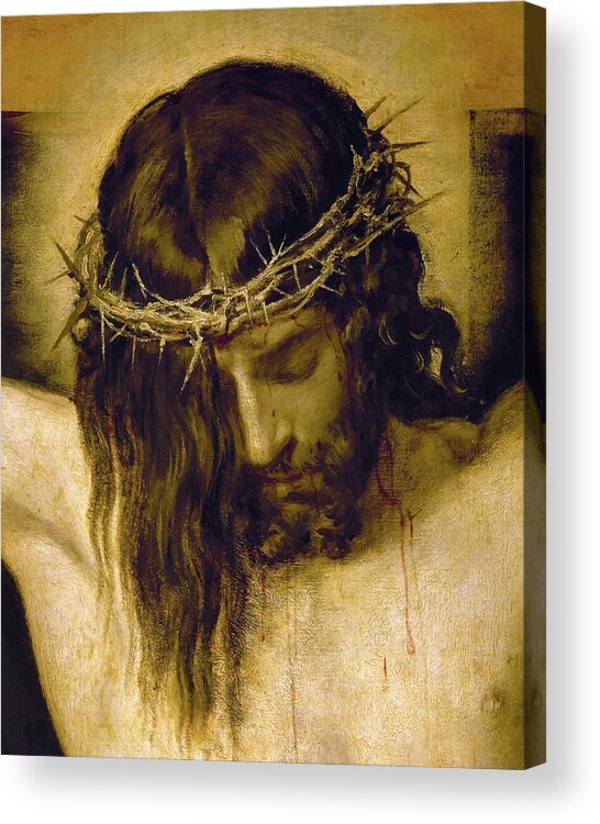 Cristo Crucificado Acrylic Print featuring the painting Crucified Christ -detail of the head-. Cristo crucificado. Madrid, Prado museum. DIEGO VELAZQUEZ . by Diego Velazquez -1599-1660-