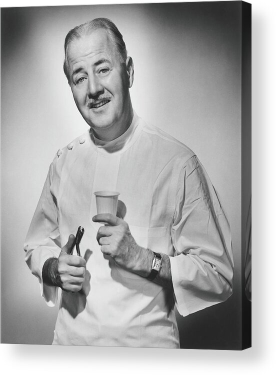 People Acrylic Print featuring the photograph Dentist Holding Pliers And Cup Posing by George Marks
