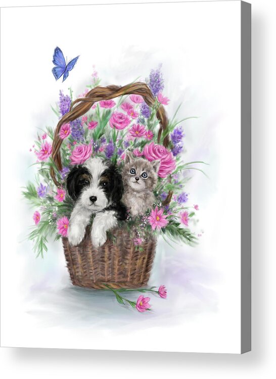 Dog And Cat In Flower Basket Acrylic Print featuring the mixed media Dog And Cat In Flower Basket by Makiko