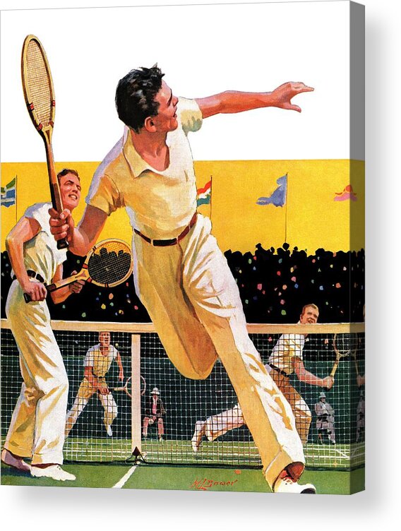 Men Acrylic Print featuring the drawing Doubles Tennis Match by Maurice Bower