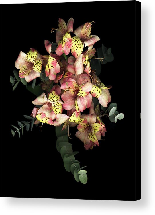 Eucalyptus And Alstomeria Flowers Acrylic Print featuring the painting Eucalyptus & Alstromeria by Susan S. Barmon