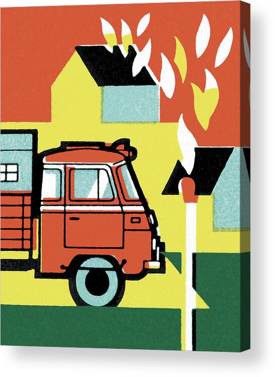 Accident Acrylic Print featuring the drawing Firetruck and House on Fire by CSA Images
