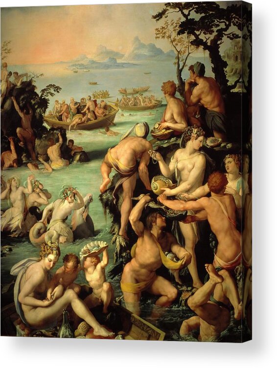 Bronzino Acrylic Print featuring the painting Fishing for pearls, 1570, Oil on slate, 116 cm x 86 cm. by Il Bronzino -1503-1572-