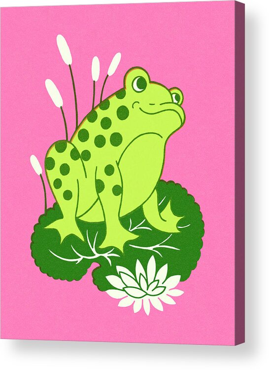 Amphibian Acrylic Print featuring the drawing Frog Sitting on Lily Pad by CSA Images