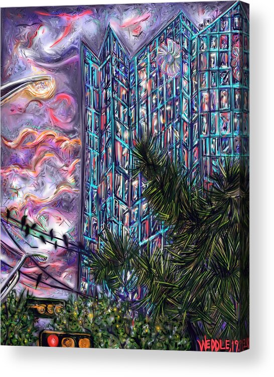 Urban Sketching Acrylic Print featuring the digital art Frost Tower June Sunset by Angela Weddle