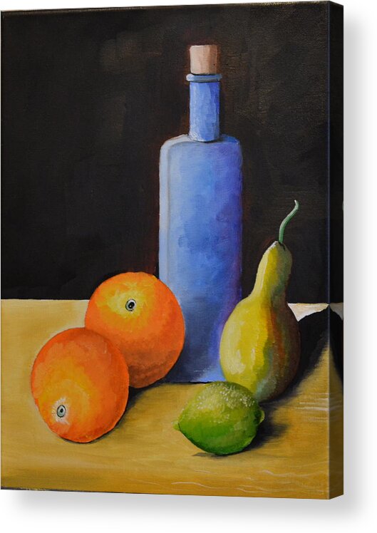 This Is An Oil Painting Of Oranges Acrylic Print featuring the painting Fruit and Bottle by Martin Schmidt