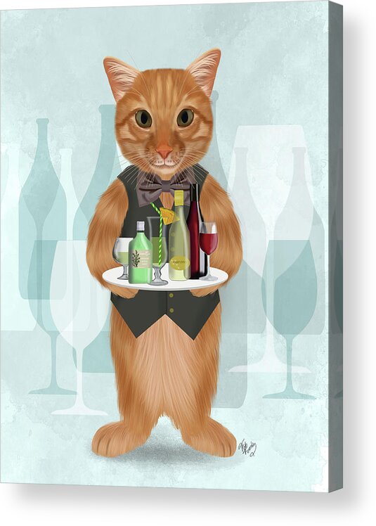 Cat Acrylic Print featuring the painting Ginger Cat Cocktails by Fab Funky