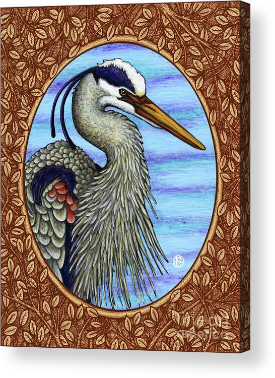Animal Portrait Acrylic Print featuring the painting Great Blue Heron Portrait - Brown Border by Amy E Fraser