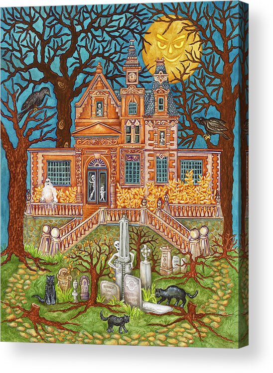 Haunted House Acrylic Print featuring the painting Halloween Moonlit House by Andrea Strongwater