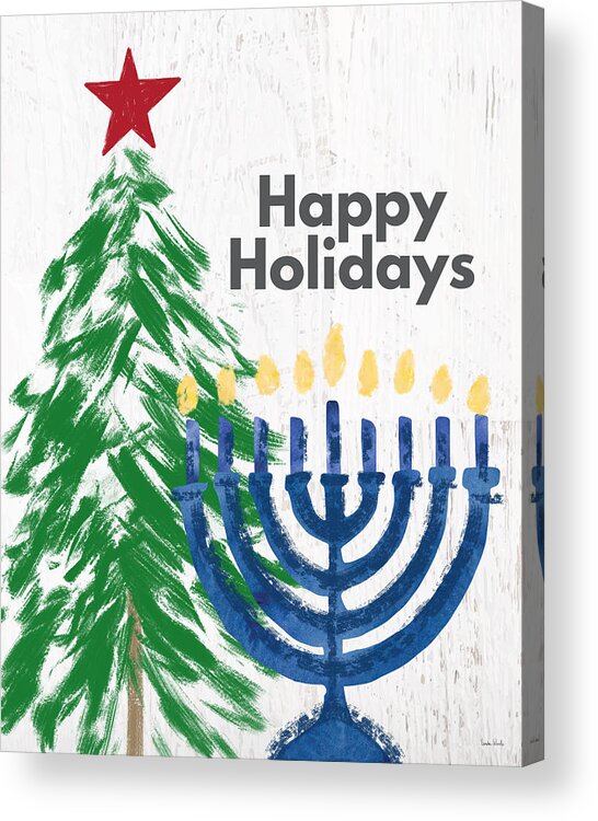 Holidays Acrylic Print featuring the mixed media Happy Holidays Tree and Menorah- Art by Linda Woods by Linda Woods